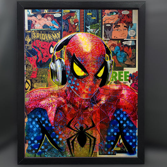 Spider-Man w Headphones Collage 12"x16" Framed Fine Art Print